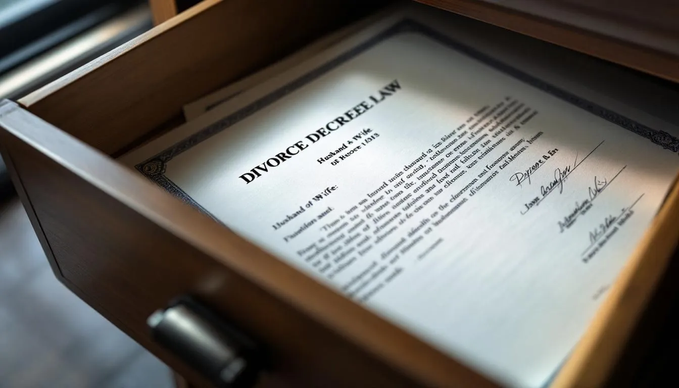 The image depicts a divorce decree, a legal document that outlines the terms of a divorce case, including details on child custody, spousal support, and the division of property. This document is commonly filed in the family law clerk's office and is essential for anyone navigating the divorce process in California.