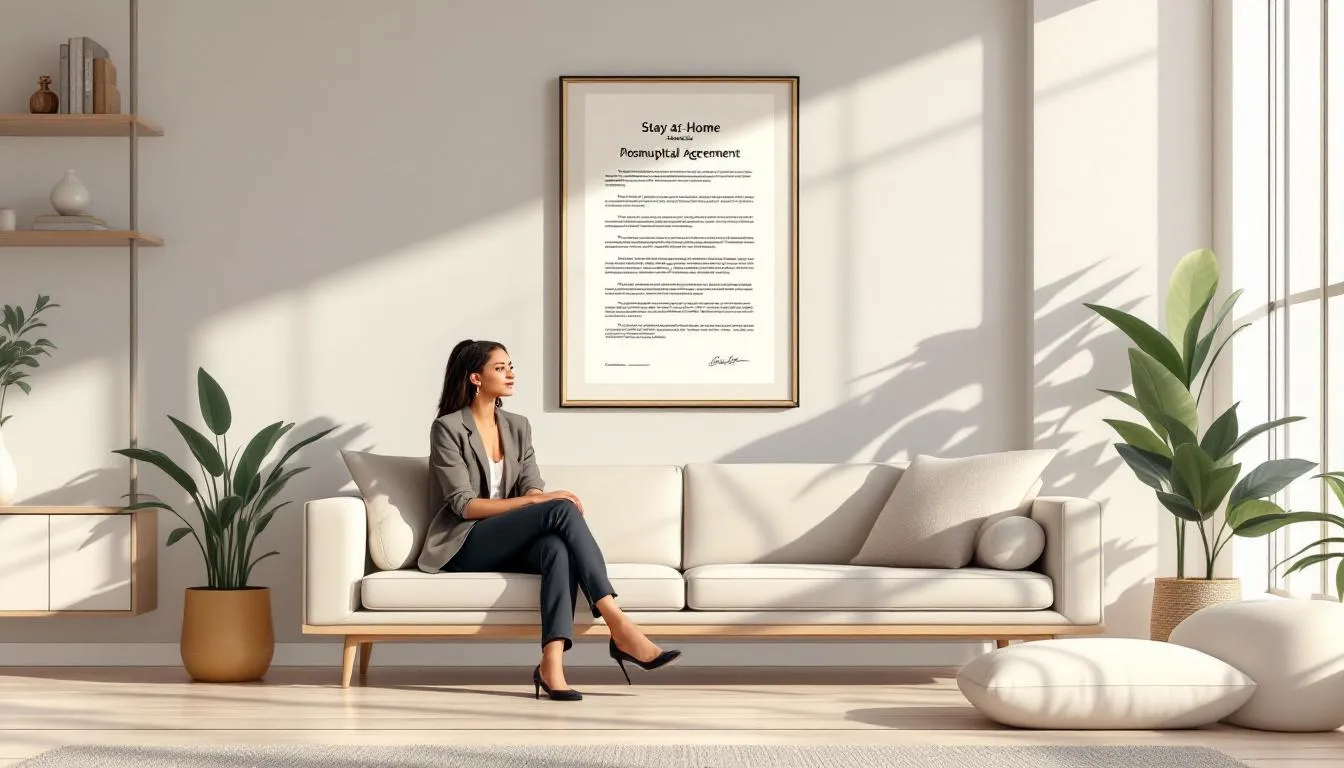 A comforting scene showing a stay-at-home spouse feeling secure due to a postnuptial agreement.