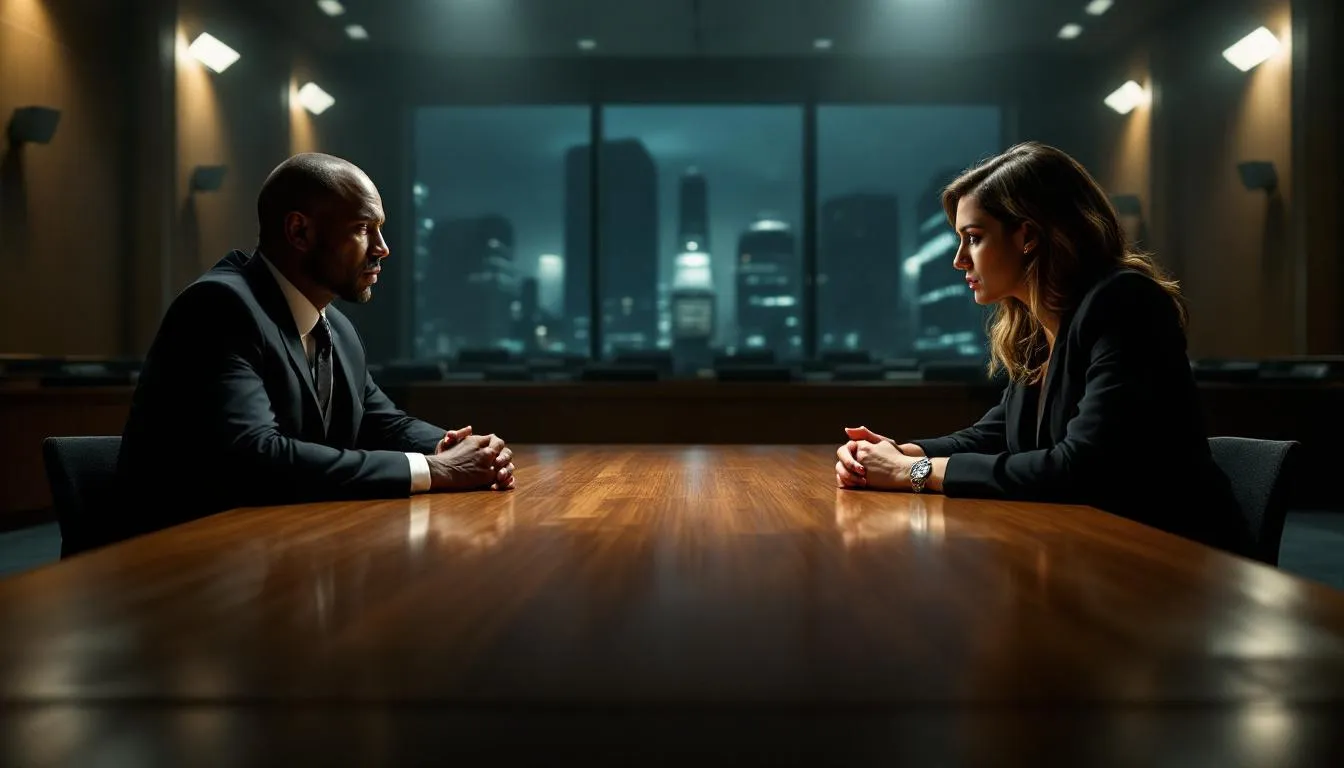 Illustration of a couple discussing property division agreement during divorce.