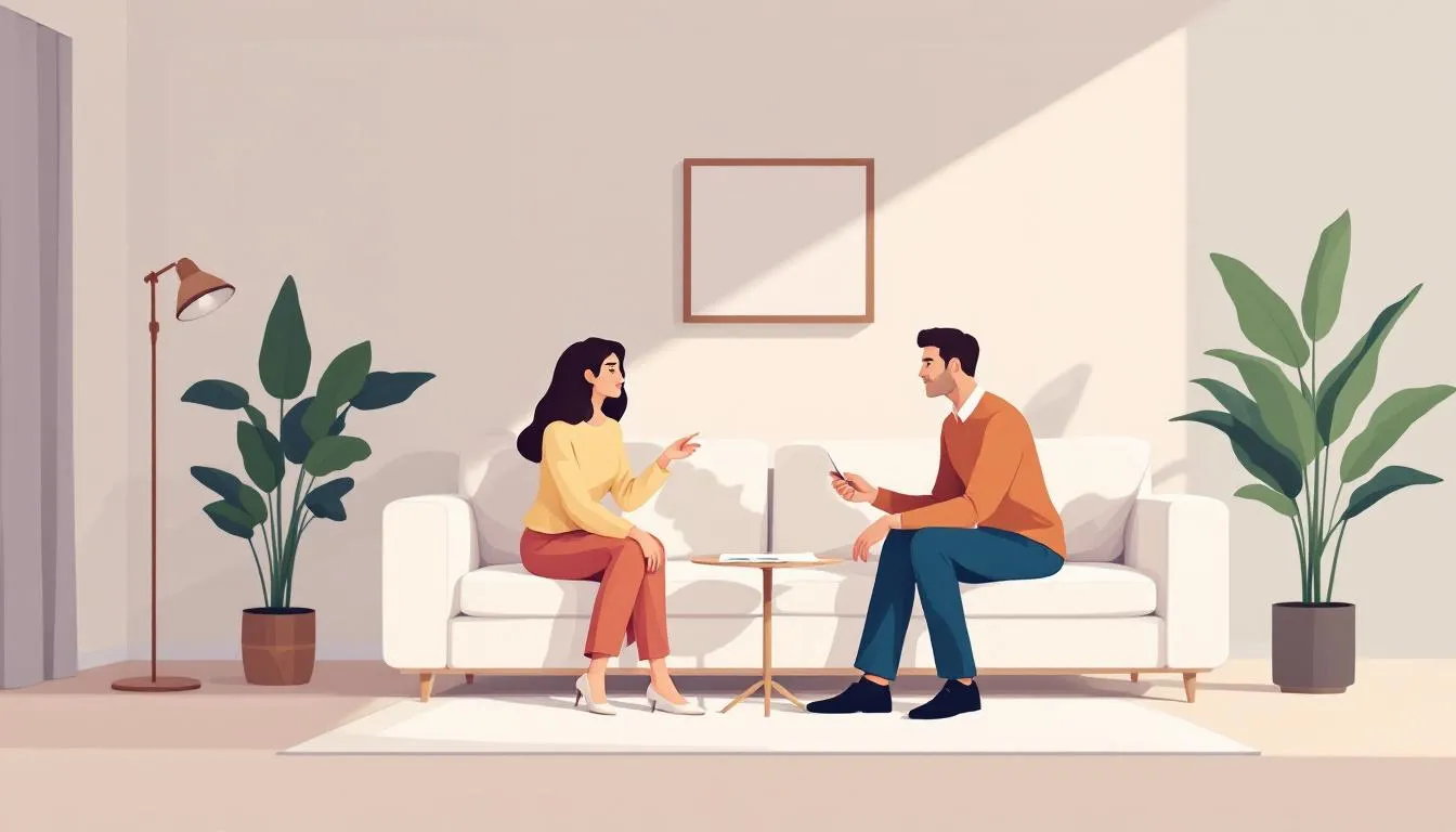 An illustration depicting a couple discussing a postnuptial agreement in a cozy living room setting.