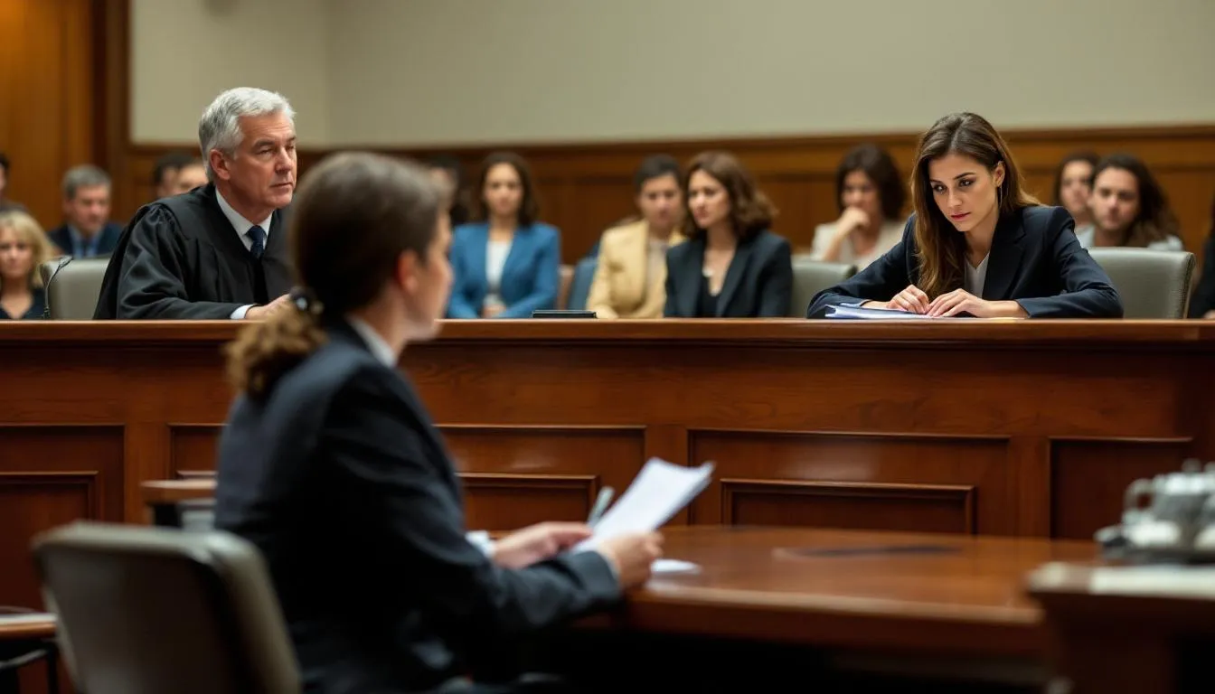 The image depicts a courtroom scene focused on a child custody case, with a judge presiding over the proceedings and parents seated at opposite sides, highlighting the emotional tension often involved in family law disputes. Legal documents, such as divorce papers and court forms, are visible on the table, emphasizing the importance of understanding legal rights and processes in California child custody matters.