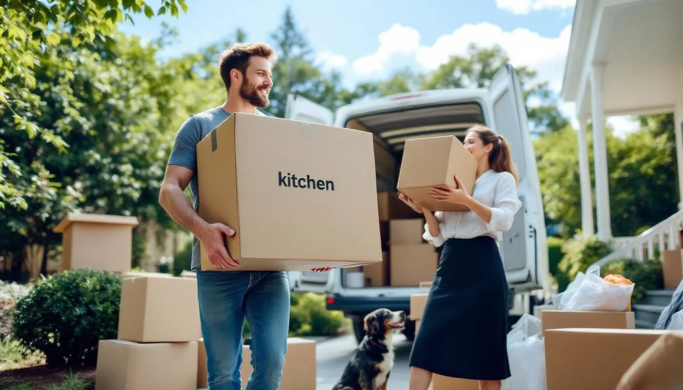 The image depicts a busy moving day scene, with people packing boxes and loading furniture into a moving truck, symbolizing the transition often associated with divorce or legal separation. This moment captures the emotional and logistical challenges faced by individuals navigating family law matters, such as child custody and spousal support, under California law.