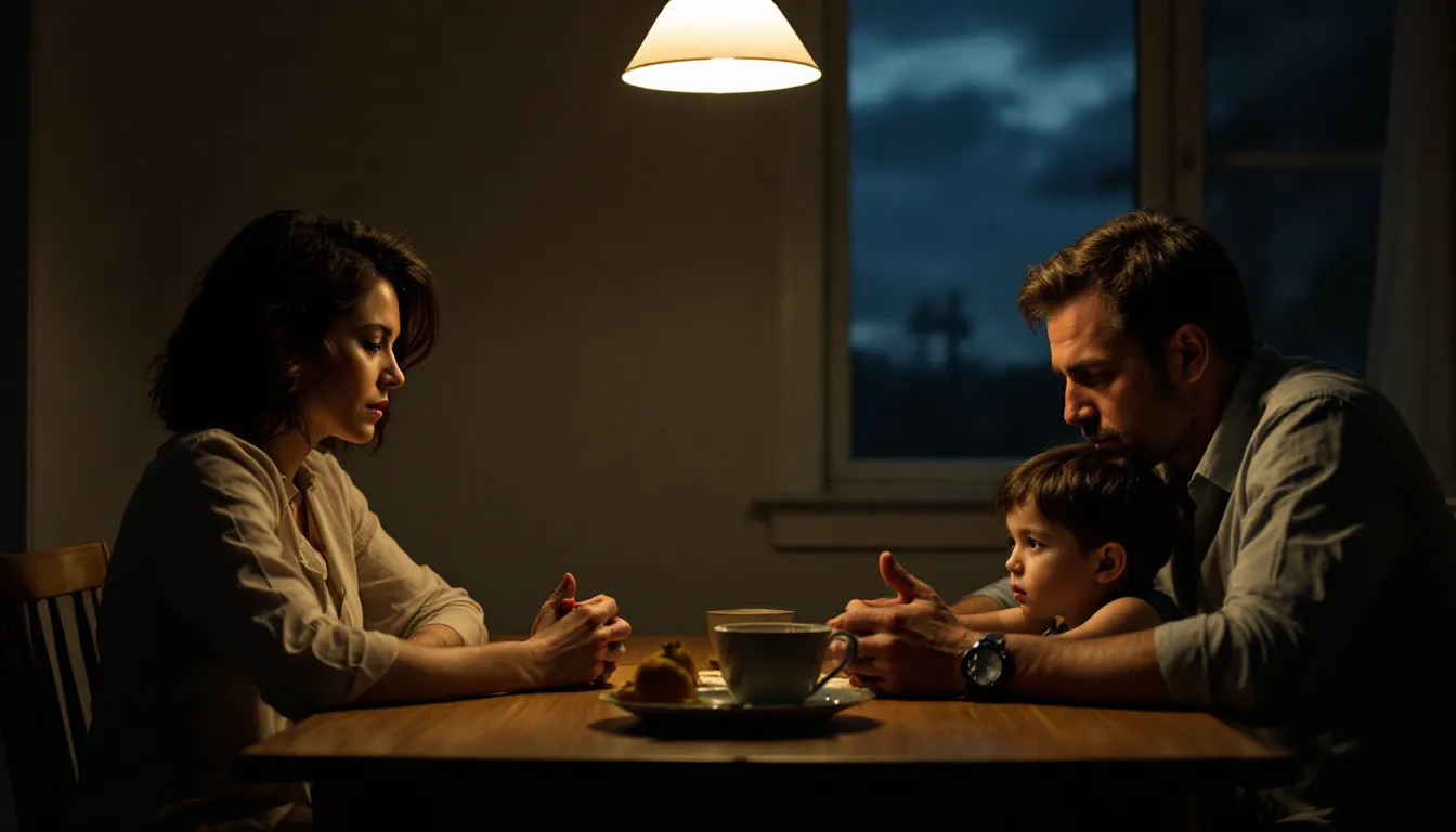 An illustration of a family discussing changes in circumstances.