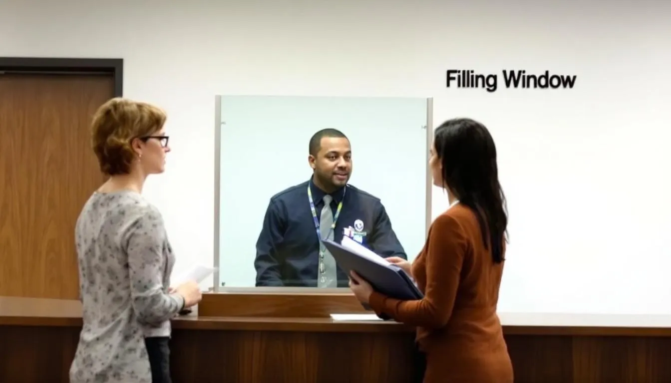 The image shows a filing window at a court, where individuals can submit legal documents such as divorce papers or court forms. The setting reflects the family law clerk's office, where people may seek assistance with matters like child custody, spousal support, and legal separation under California law.