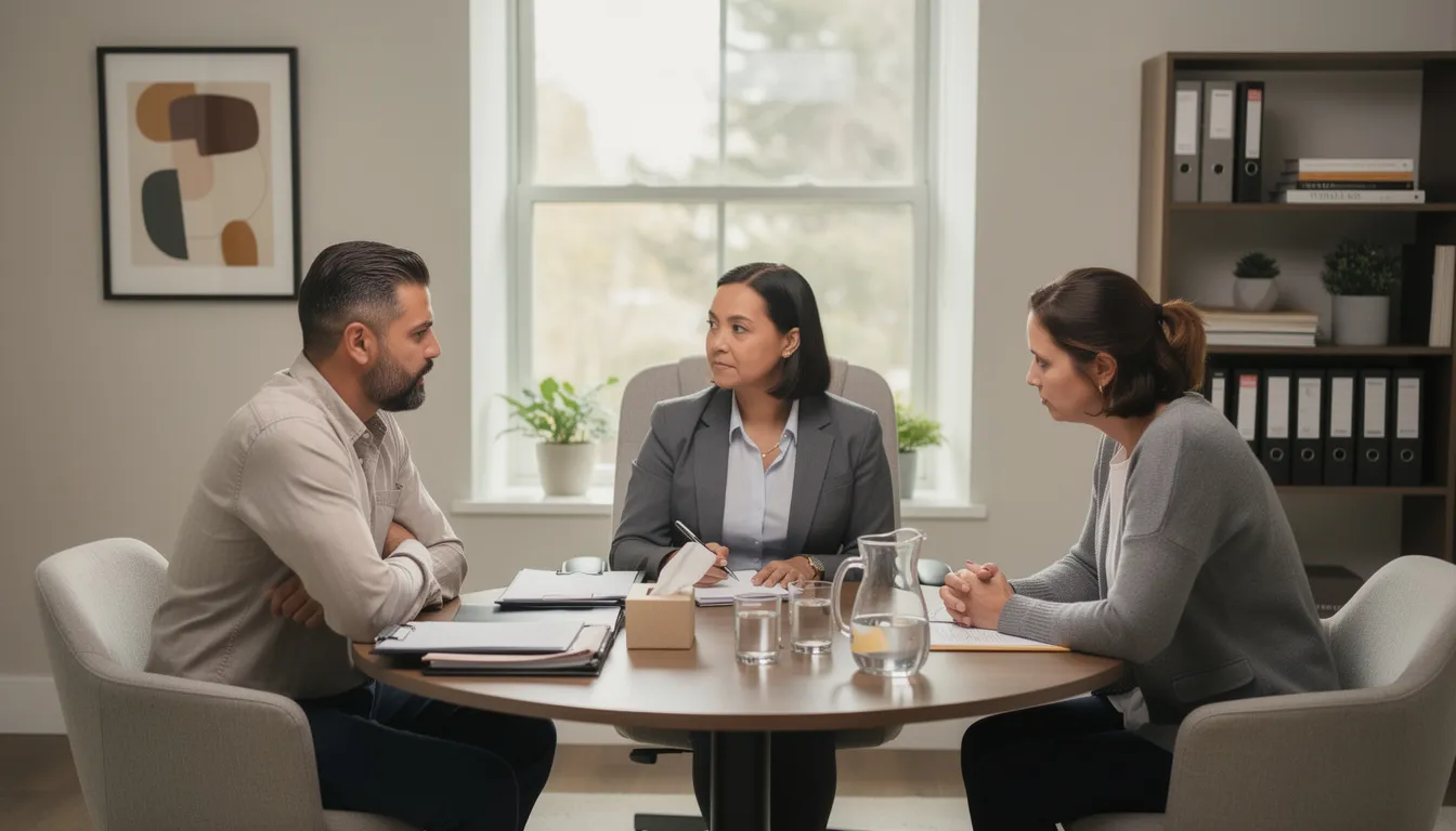 Divorce Mediation- How You Can Benefit With This Alternative Way 2 A professional divorce mediator is seated with a divorcing couple in a comfortable office, facilitating their first mediation session. The mediator helps the couple identify their financial issues and parenting responsibilities, aiming to reach a successful mediation outcome while reducing conflict.