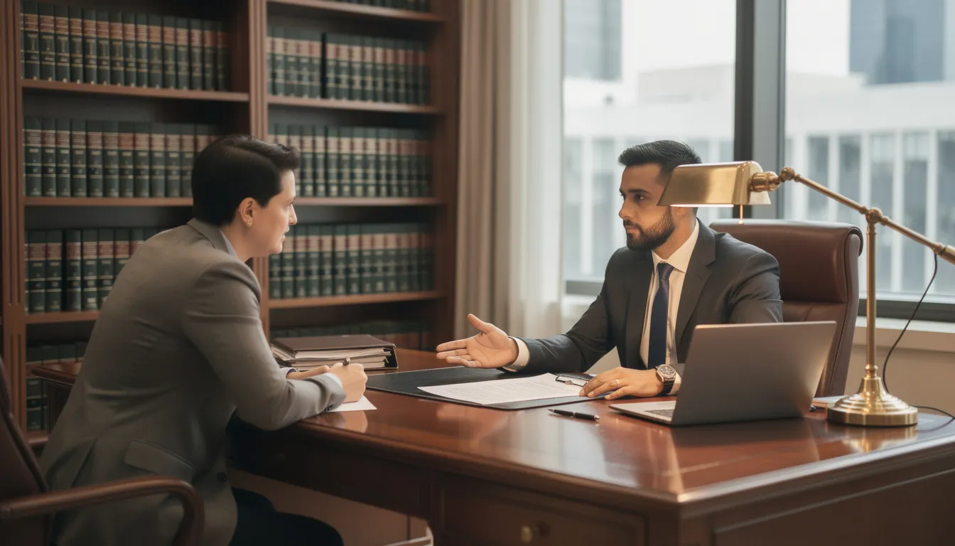 Divorce Mediation- How You Can Benefit With This Alternative Way 4 The image depicts a professional consultation between an attorney and a client in a law office, where they discuss important aspects of the divorce mediation process, including child custody and spousal support. The attorney provides legal advice to help the client navigate their options and make informed decisions during this sensitive time.